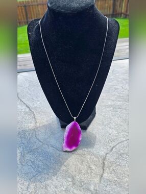 18k Rolled Gold Plated Chain Pink Agate Slice Pendant Necklace 24"